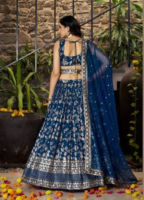 Navy blue Dola Silk Jacquard Readymade Lehenga Choli Set with Net Dupatta 2