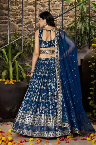 Navy blue Dola Silk Jacquard Readymade Lehenga Choli Set with Net Dupatta