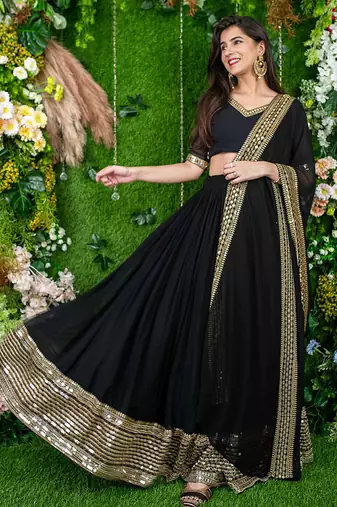 Black Faux Georgette Mirror Work Readymade Lehenga Choli