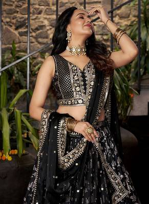 Black Dola Silk Jacquard Readymade Lehenga Choli Set with Net Dupatta 2