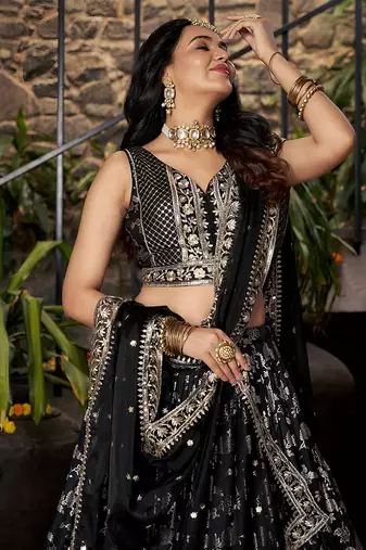Black Dola Silk Jacquard Readymade Lehenga Choli Set with Net Dupatta