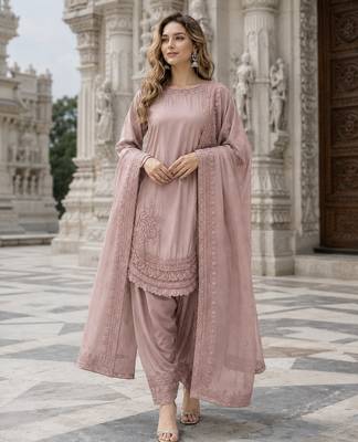 Pink crepe readymade suit with embroidery & sequence work 1