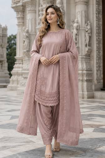 Pink crepe readymade suit with embroidery & sequence work