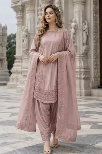 Pink crepe readymade suit with embroidery & sequence work