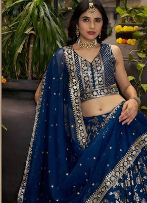 Navy blue Dola Silk Jacquard Readymade Lehenga Choli Set with Net Dupatta 3