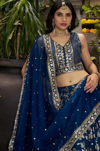 Navy blue Dola Silk Jacquard Readymade Lehenga Choli Set with Net Dupatta