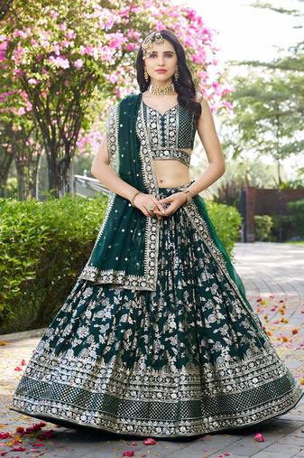 Bottle green Dola Silk Jacquard Readymade Lehenga Choli Set with Net Dupatta