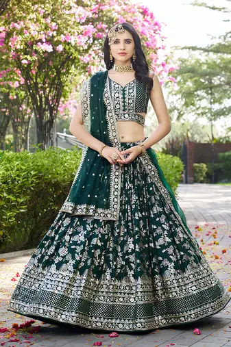 Bottle green Dola Silk Jacquard Readymade Lehenga Choli Set with Net Dupatta