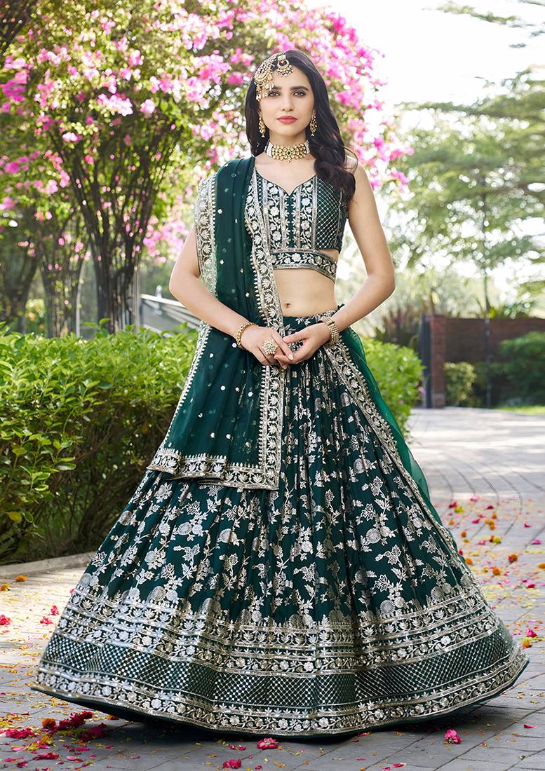 Bottle green Dola Silk Jacquard Readymade Lehenga Choli Set with Net Dupatta