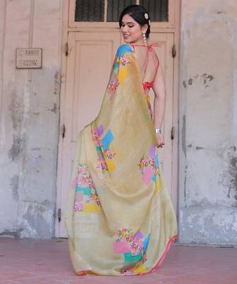 Women's beige block printed chiffon ready to wear saree | pre draped party wear saree 4