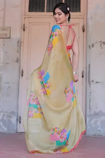 Women's beige block printed chiffon ready to wear saree | pre draped party wear saree