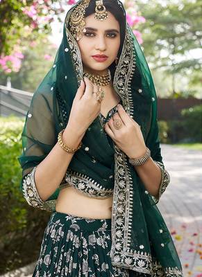 Bottle green Dola Silk Jacquard Readymade Lehenga Choli Set with Net Dupatta 2