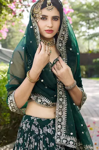 Bottle green Dola Silk Jacquard Readymade Lehenga Choli Set with Net Dupatta