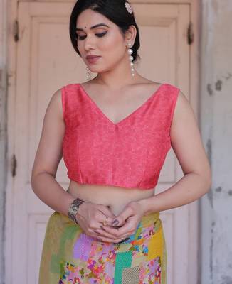 Women's beige block printed chiffon ready to wear saree | pre draped party wear saree 5