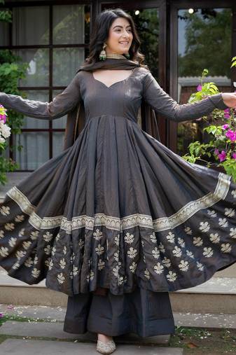Charcoal black embroidered anarkali kurta with palazzo pants and dupatta