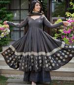 Charcoal black embroidered anarkali kurta with palazzo pants and dupatta