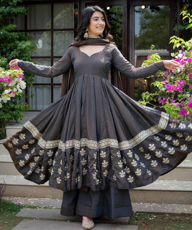 Charcoal black embroidered anarkali kurta with palazzo pants and dupatta