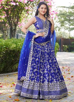 Royal blue Dola Silk Jacquard Readymade Lehenga Choli Set with Net Dupatta 1
