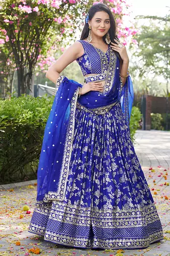 Royal blue Dola Silk Jacquard Readymade Lehenga Choli Set with Net Dupatta