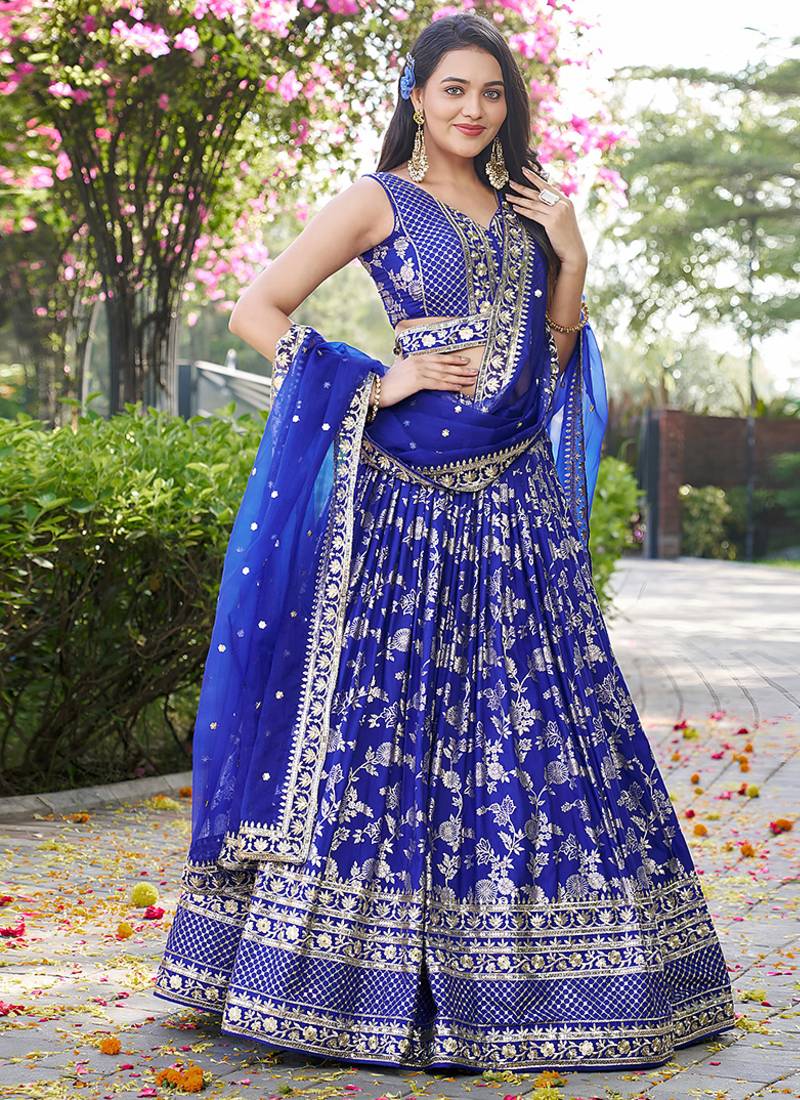 Royal blue Dola Silk Jacquard Readymade Lehenga Choli Set with Net Dupatta