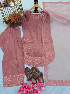 Pink crepe readymade suit with embroidery & sequence work 3
