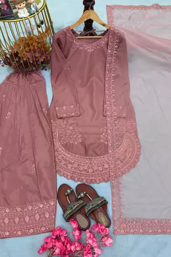 Pink crepe readymade suit with embroidery & sequence work