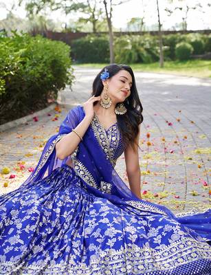Royal blue Dola Silk Jacquard Readymade Lehenga Choli Set with Net Dupatta 2