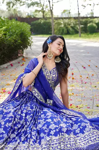Royal blue Dola Silk Jacquard Readymade Lehenga Choli Set with Net Dupatta