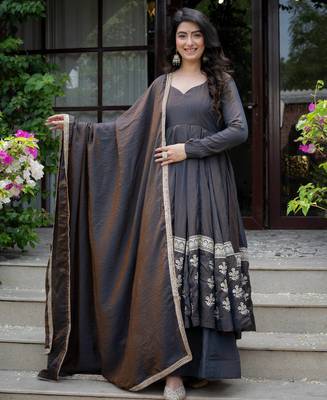 Charcoal black embroidered anarkali kurta with palazzo pants and dupatta 2