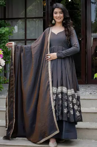 Charcoal black embroidered anarkali kurta with palazzo pants and dupatta