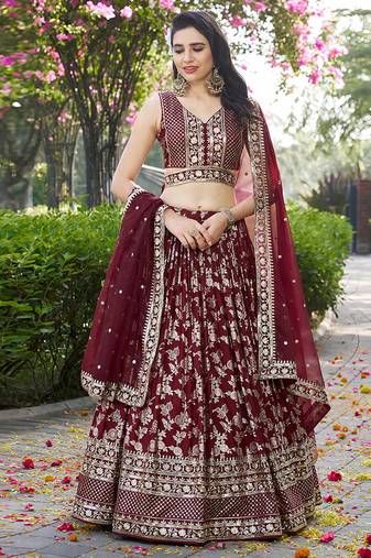 Maroon Dola Silk Jacquard Readymade Lehenga Choli Set with Net Dupatta