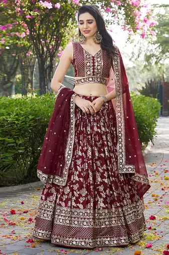 Maroon Dola Silk Jacquard Readymade Lehenga Choli Set with Net Dupatta