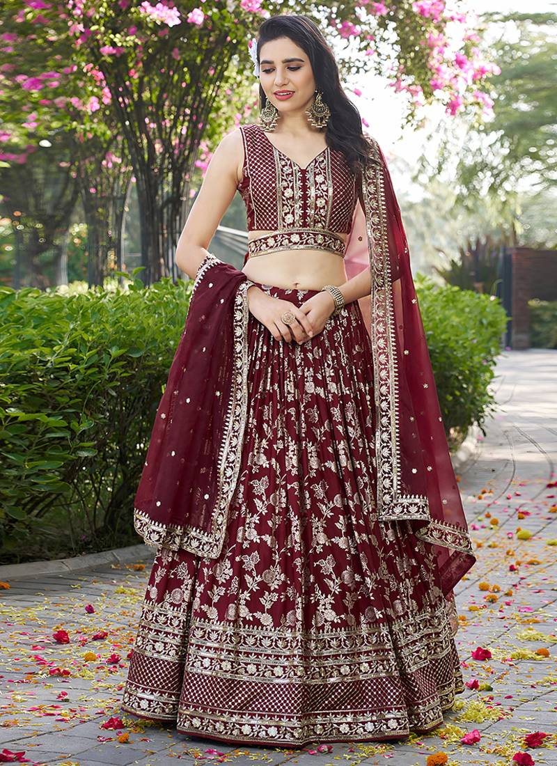 Maroon Dola Silk Jacquard Readymade Lehenga Choli Set with Net Dupatta