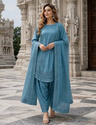 Blue crepe readymade suit with embroidery & sequence work 1