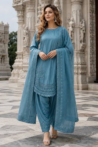 Blue crepe readymade suit with embroidery & sequence work