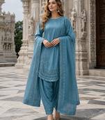 Blue crepe readymade suit with embroidery & sequence work