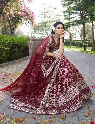 Maroon Dola Silk Jacquard Readymade Lehenga Choli Set with Net Dupatta 2