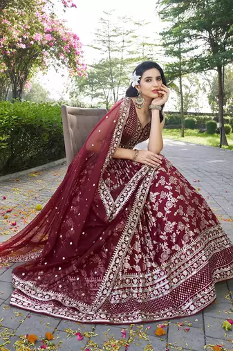 Maroon Dola Silk Jacquard Readymade Lehenga Choli Set with Net Dupatta