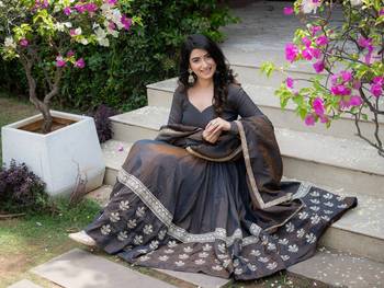 Charcoal black embroidered anarkali kurta with palazzo pants and dupatta 3