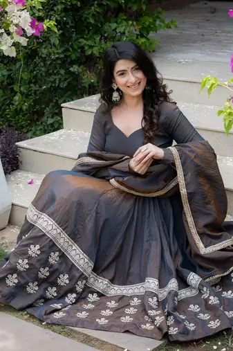 Charcoal black embroidered anarkali kurta with palazzo pants and dupatta