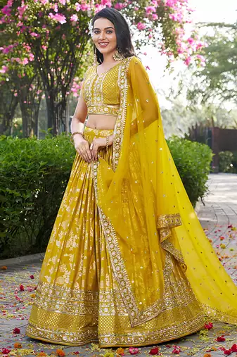 Mustard Yellow Dola Silk Jacquard Readymade Lehenga Choli Set with Net Dupatta