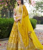 Mustard Yellow Dola Silk Jacquard Readymade Lehenga Choli Set with Net Dupatta