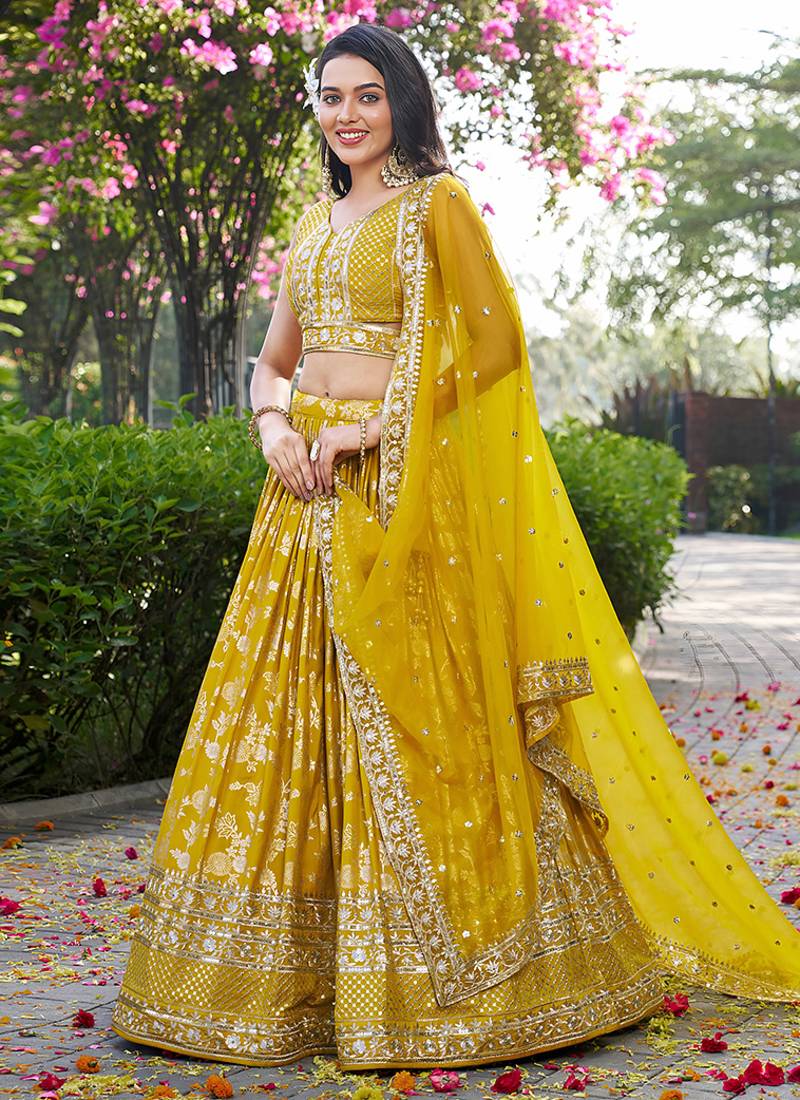 Mustard Yellow Dola Silk Jacquard Readymade Lehenga Choli Set with Net Dupatta