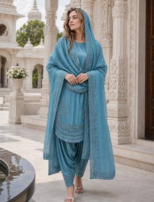 Blue crepe readymade suit with embroidery & sequence work 2