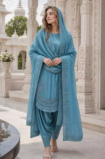 Blue crepe readymade suit with embroidery & sequence work