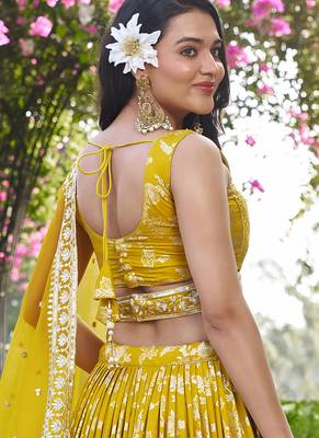 Mustard Yellow Dola Silk Jacquard Readymade Lehenga Choli Set with Net Dupatta 2