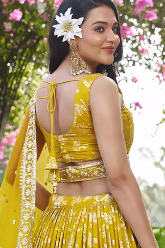 Mustard Yellow Dola Silk Jacquard Readymade Lehenga Choli Set with Net Dupatta