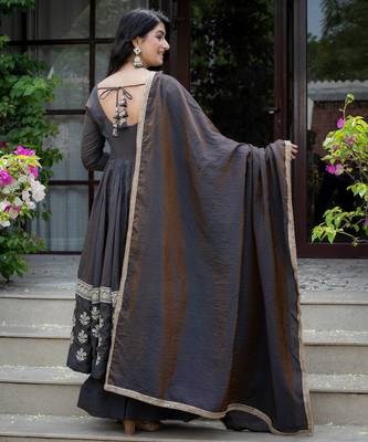 Charcoal black embroidered anarkali kurta with palazzo pants and dupatta 4
