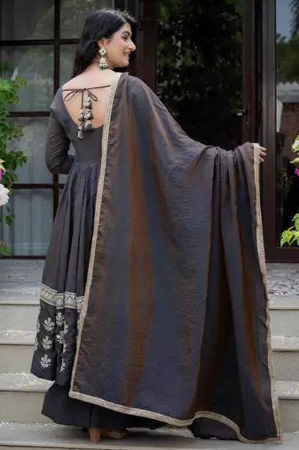 Charcoal black embroidered anarkali kurta with palazzo pants and dupatta