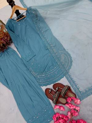 Blue crepe readymade suit with embroidery & sequence work 3
